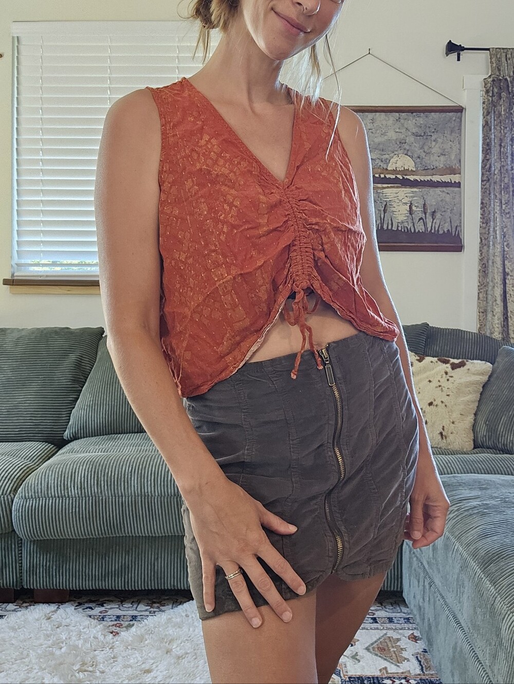 Umbrale Rust Orange Ruched Drawstring Boho Crop Top Medium